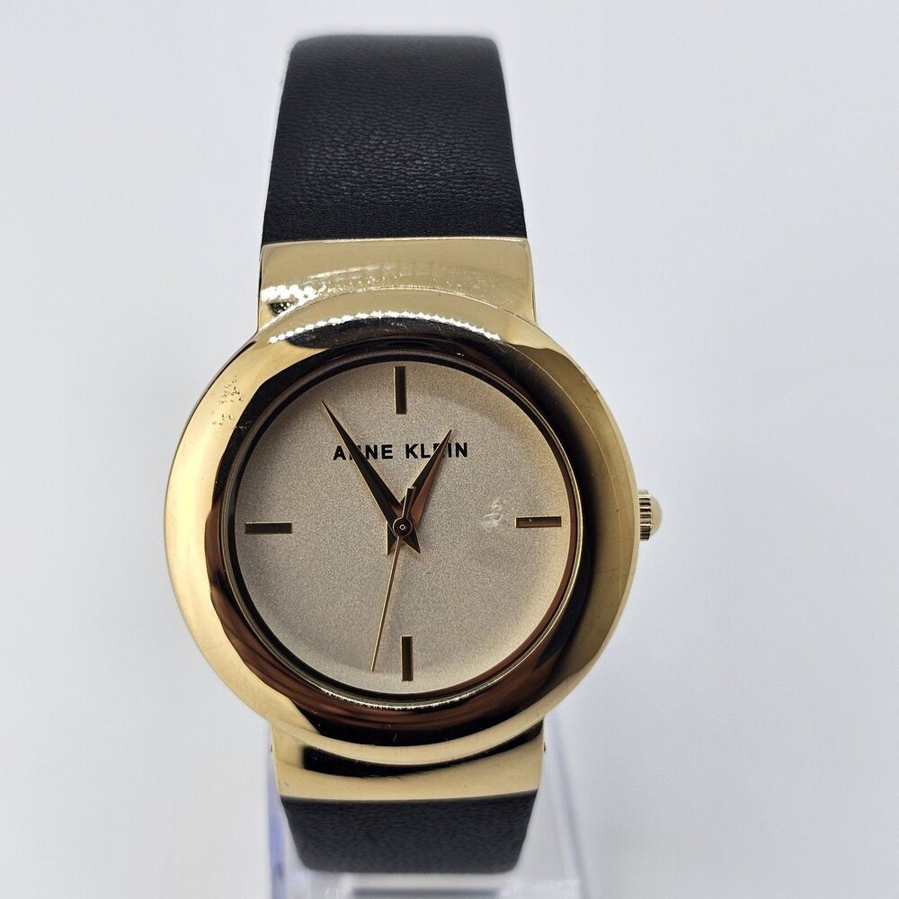 Anne Klein Women's Watch 36MM Gold Dial Black Leather Band Straps New Battery